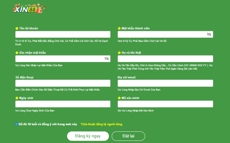 Bảng mẫu đăng ký tài khoản Xin88